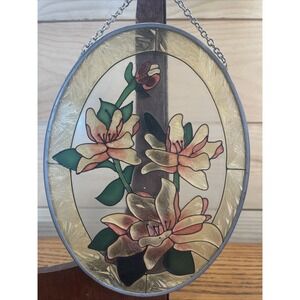 Stained Glass Suncatcher With Magnolia Flowers  Oval 7.5" X 5.5"